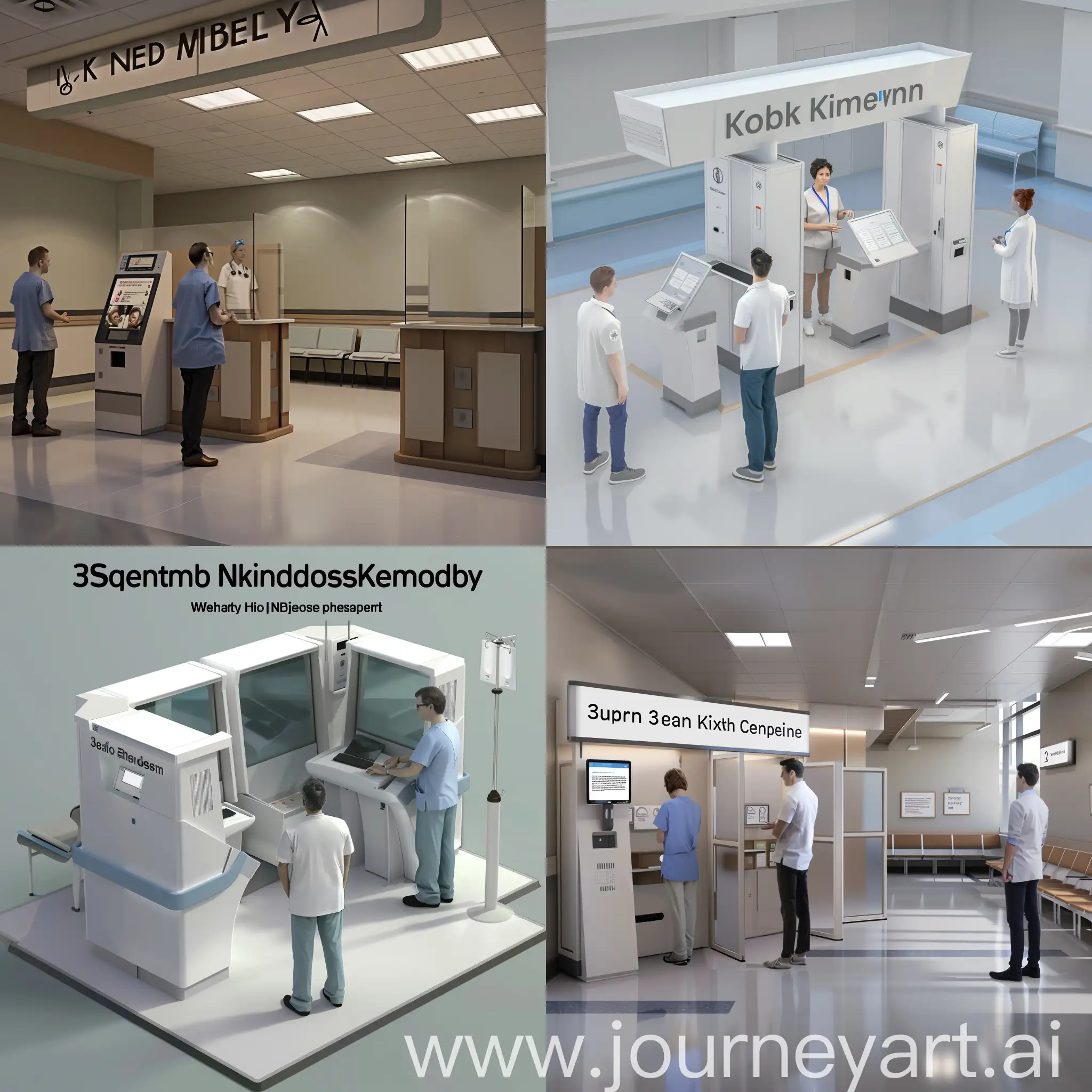 Standing Kiosk Area in Hospital:  The 3D design should be sharp and realistic. It should show patients using the kiosk. There should be a support staff member standing by. The kiosk should have partitions to ensure privacy for patients while using the kiosk. There should be a waiting area nearby.