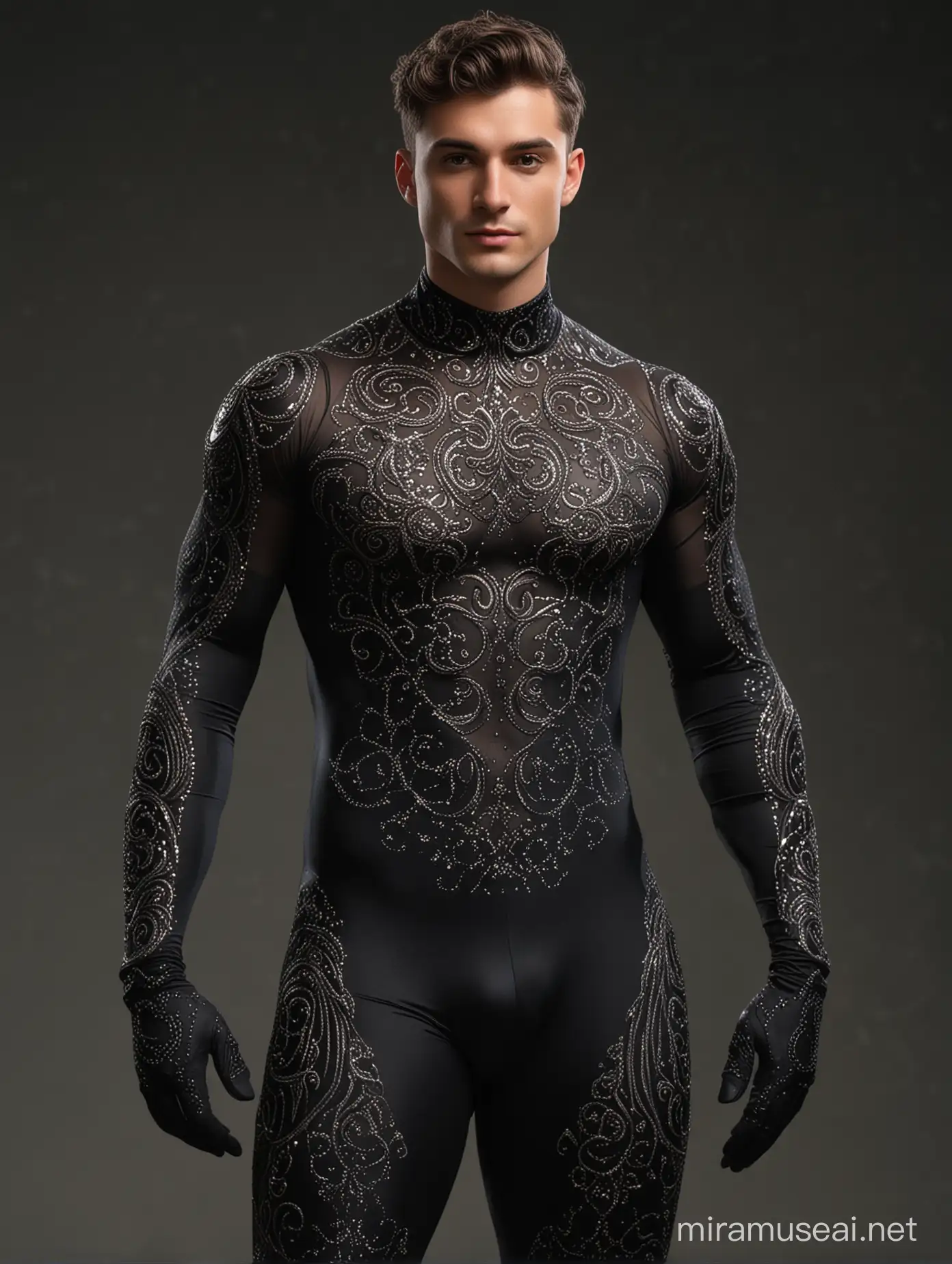 Full full body photorealistic ultra realism high definition aesthetic stabilized diffusion picture of handsome hunky fractal clean shaven  Zayne as celestial Islaw, wearing black swirls and twirl filigree sparkling biomorphic transparent overall tight fit spandex and gloves. standing in with hand on the hips.