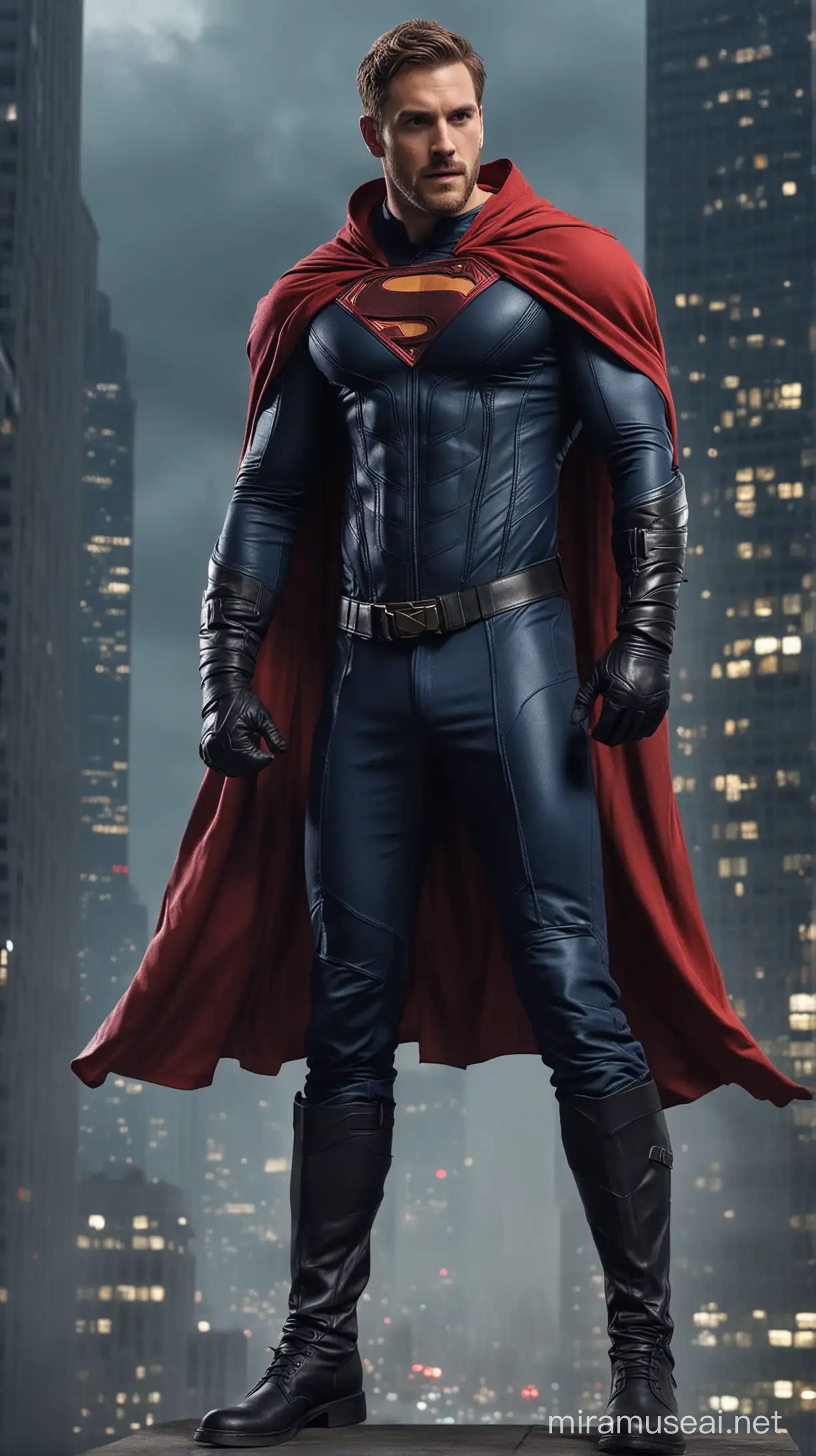 Chris Wood, the muscular superhero with his long cascading blond hair and bushy beard, stands in the heart of a modern skyscraper on a cloudy night. His tight-fitting red suit clings to his chiseled physique, while a long, flowing blue cape billows behind him as he moves. Black leather boots and gloves complete his stylish superhero ensemble as he prepares to face whatever danger lurks in the shadows of the city's darkest corners.


