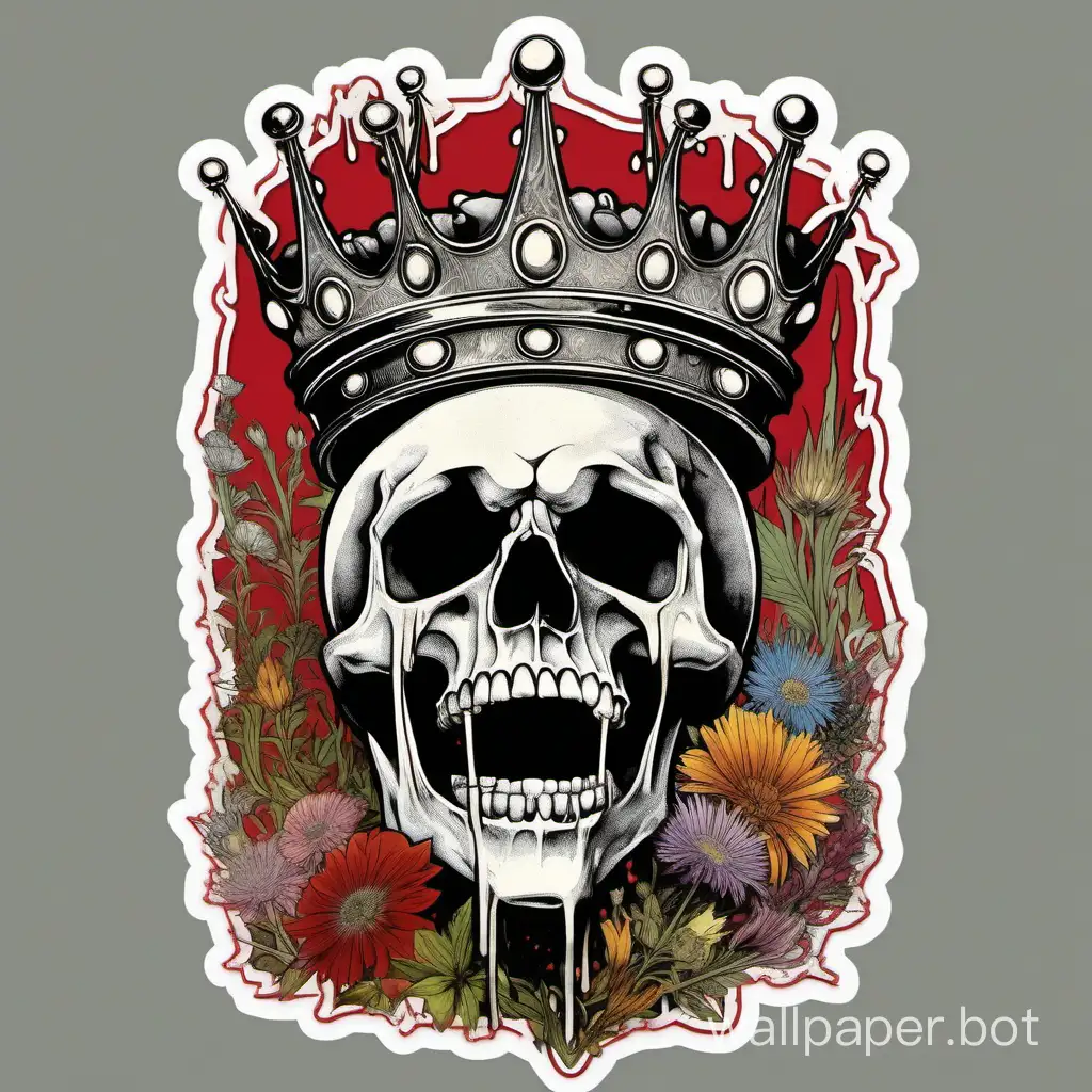 skull wearing a dripping colorful crown, crazy laugh, skull face, open mouth assimetrical, alphonse mucha poster, highcontrast wildflowers dripping paint,william morris background,  high textured paper, hiperdetailed lineart , black,gray, red, sticker art