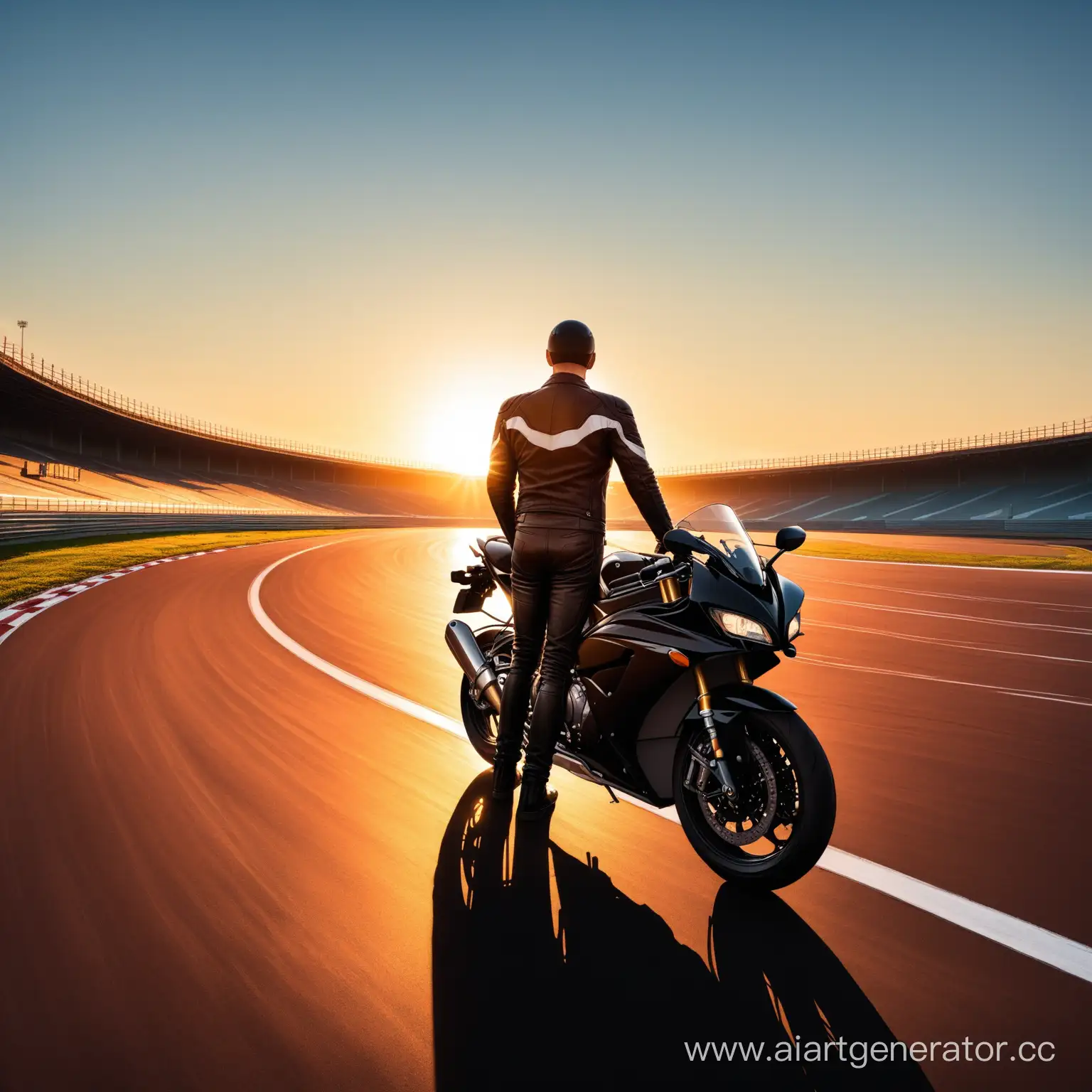 мужчина байкер возле мотоцикла стоит на трассе на фоне рассвета перспектива