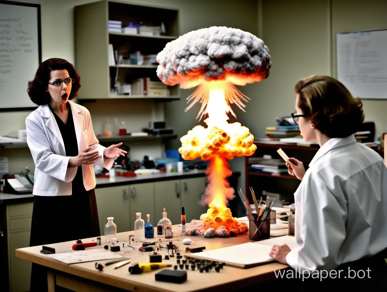A female physics professor performs a tiny nuclear explosion accompanied by a mushroom cloud on her workbench in front of her worried students in her laboratory classroom.