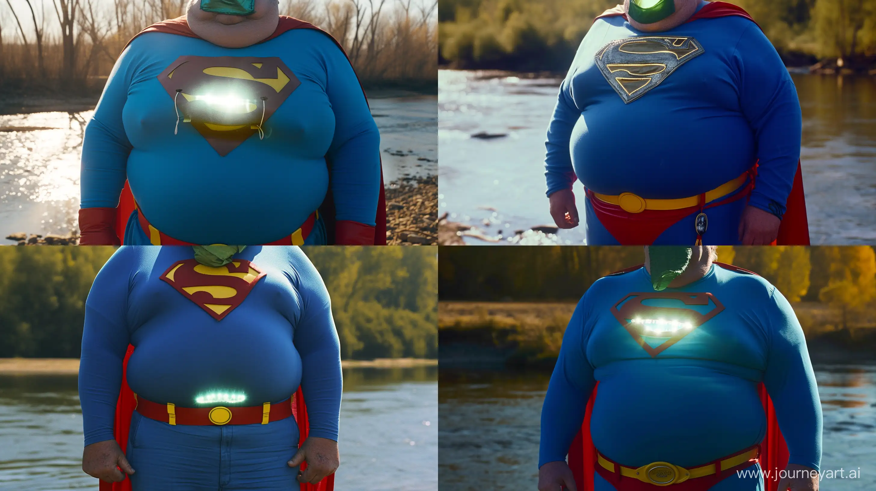 Close-up photo of a fat man aged 60 wearing a tight blue 1978 smooth superman costume with a red cape. Tight glowing small green cloth covering the mouth. Blue shirt. Blue pants. Red boots. Red Trunks. Yellow Belt. Natural Light. River. --style raw --ar 16:9