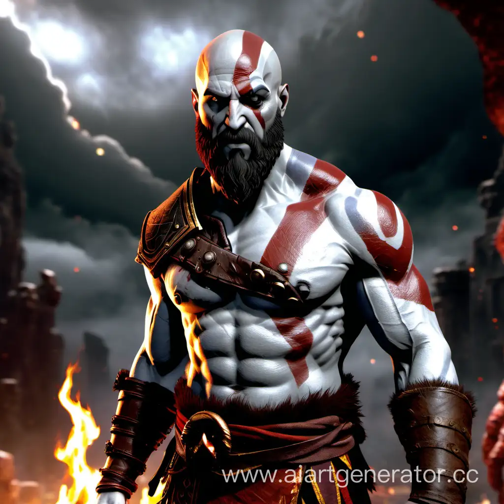 Kratos God Of War looking at viewer from far away  really mad and there is a flame behind him