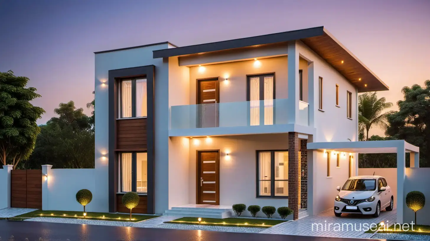 best house small front design in budget with a flat roof, with lighting wooden design