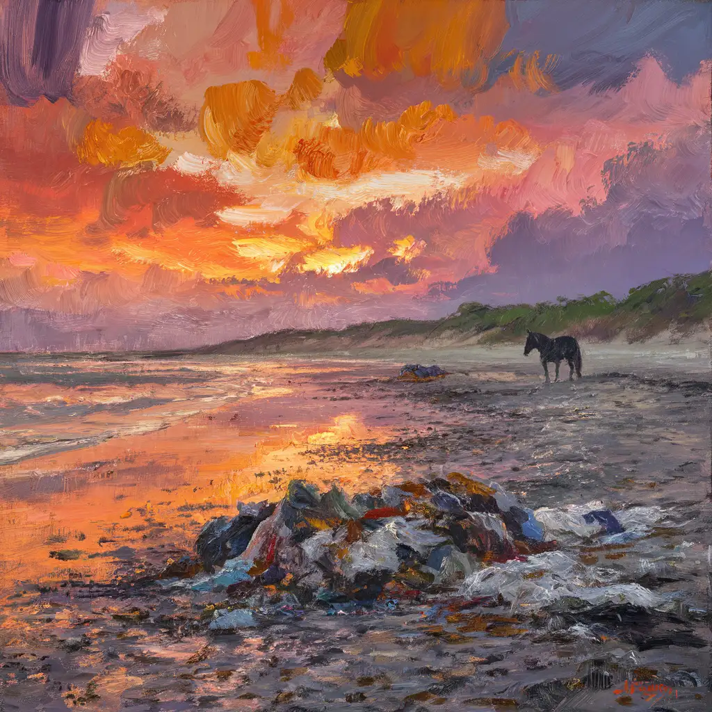 impressionist interpretation of a beachfront landscape during sunset, where plastic and waste have been dumped, bold colors and distinct brushstrokes, vibrant, textured, atmospheric, the silhouette of a dark horse