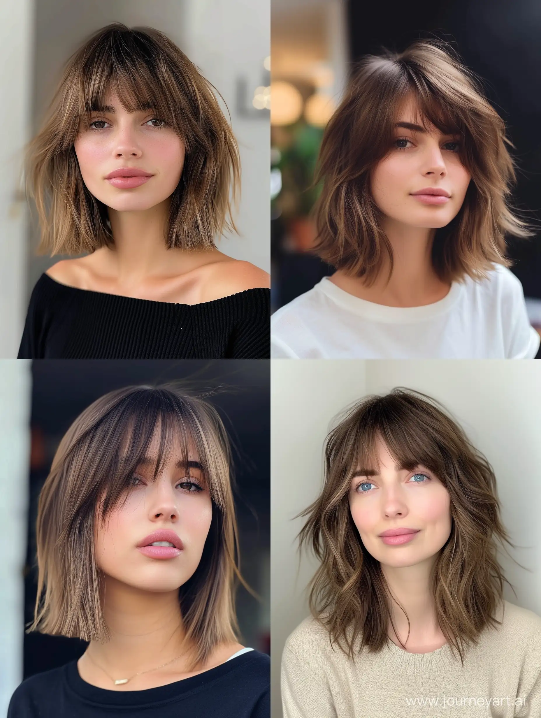 trendy women’s shoulder length haircut with curtain bangs 2024