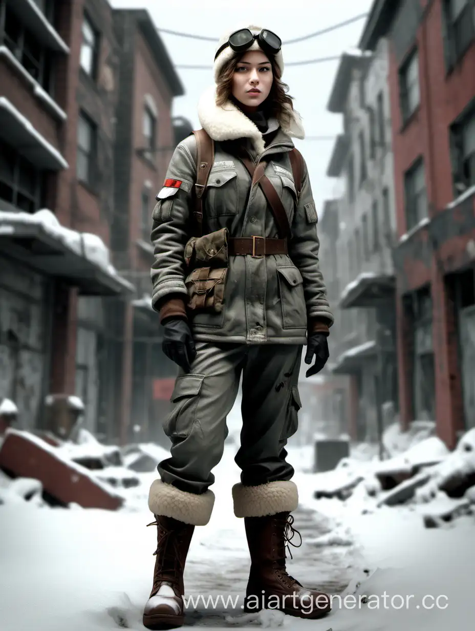 realistic image of a pretty 18-year-old tomboy woman in a post-apocalyptic setting, dressed in a communist snow camouflage military uniform with a sheepskin aviator hat, snow leggings, and Ugg boots. The full-body shot is rendered in a highly detailed 8K resolution, providing a full-length view from head to toe, with the subject centered and uncropped --ar 9:16
