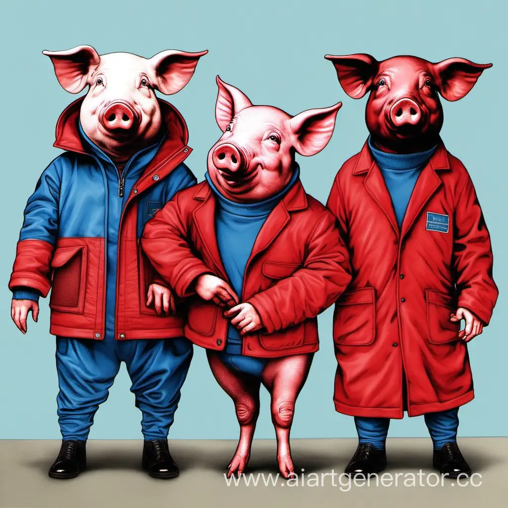 Куртка красная с синим с колбасой и свинками