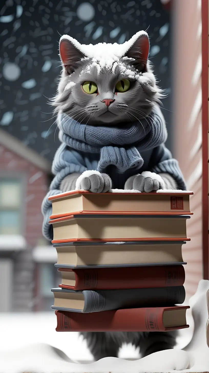 cat, snowing outside, winter, carrrying a stack of books
