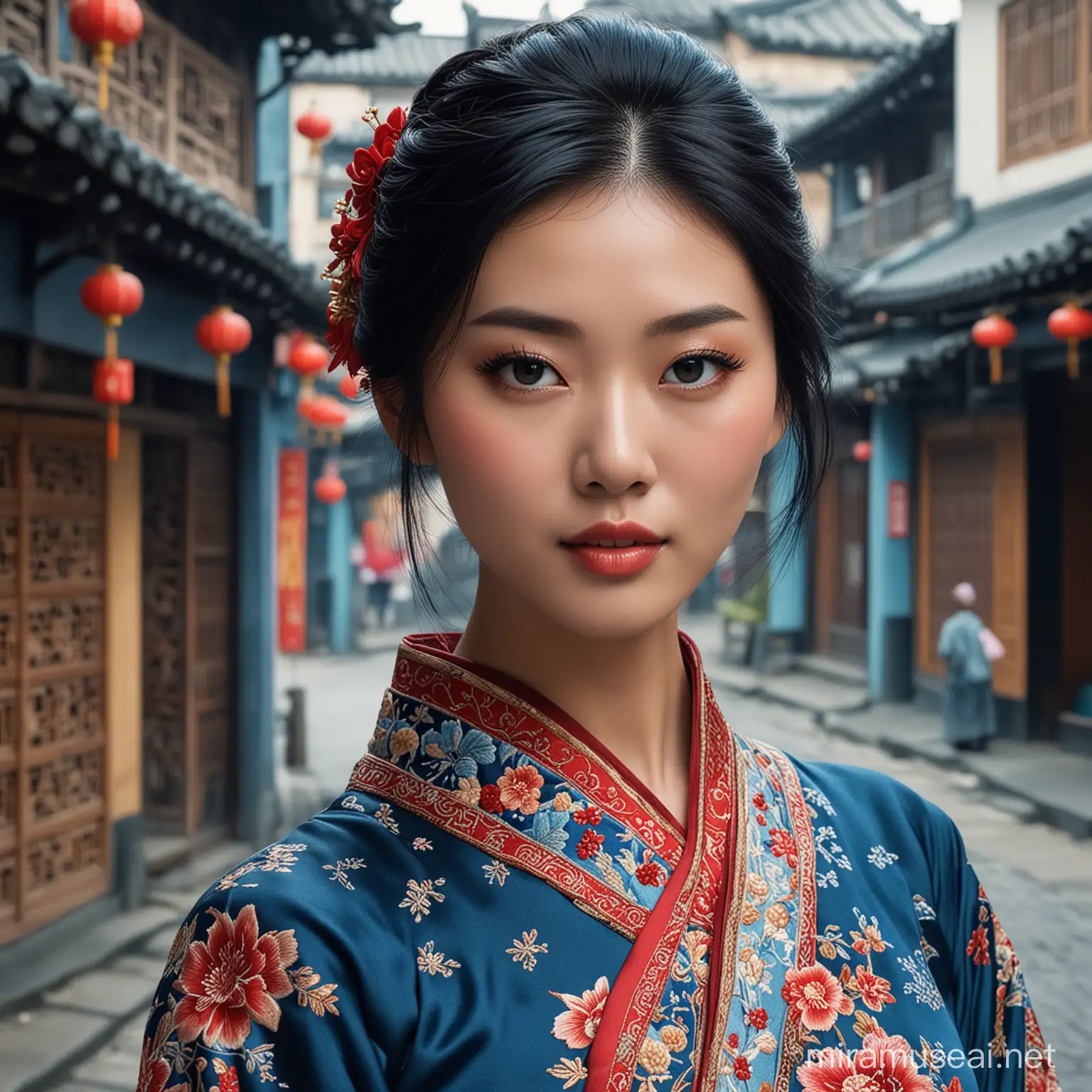 Elegant Chinese Woman in Scarlet Qipao with Striking Blue Eyes