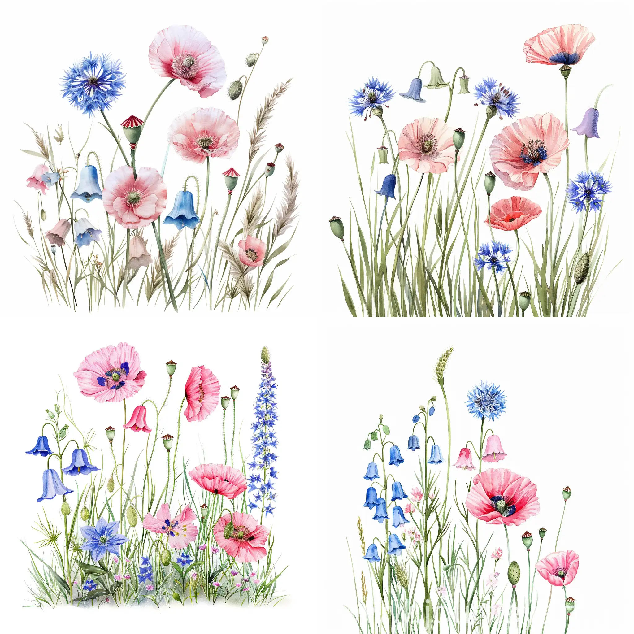 watercolor standing wildflower, bellflowers, cornflowers and pink poppy, on white background, soft handpainted, detailed