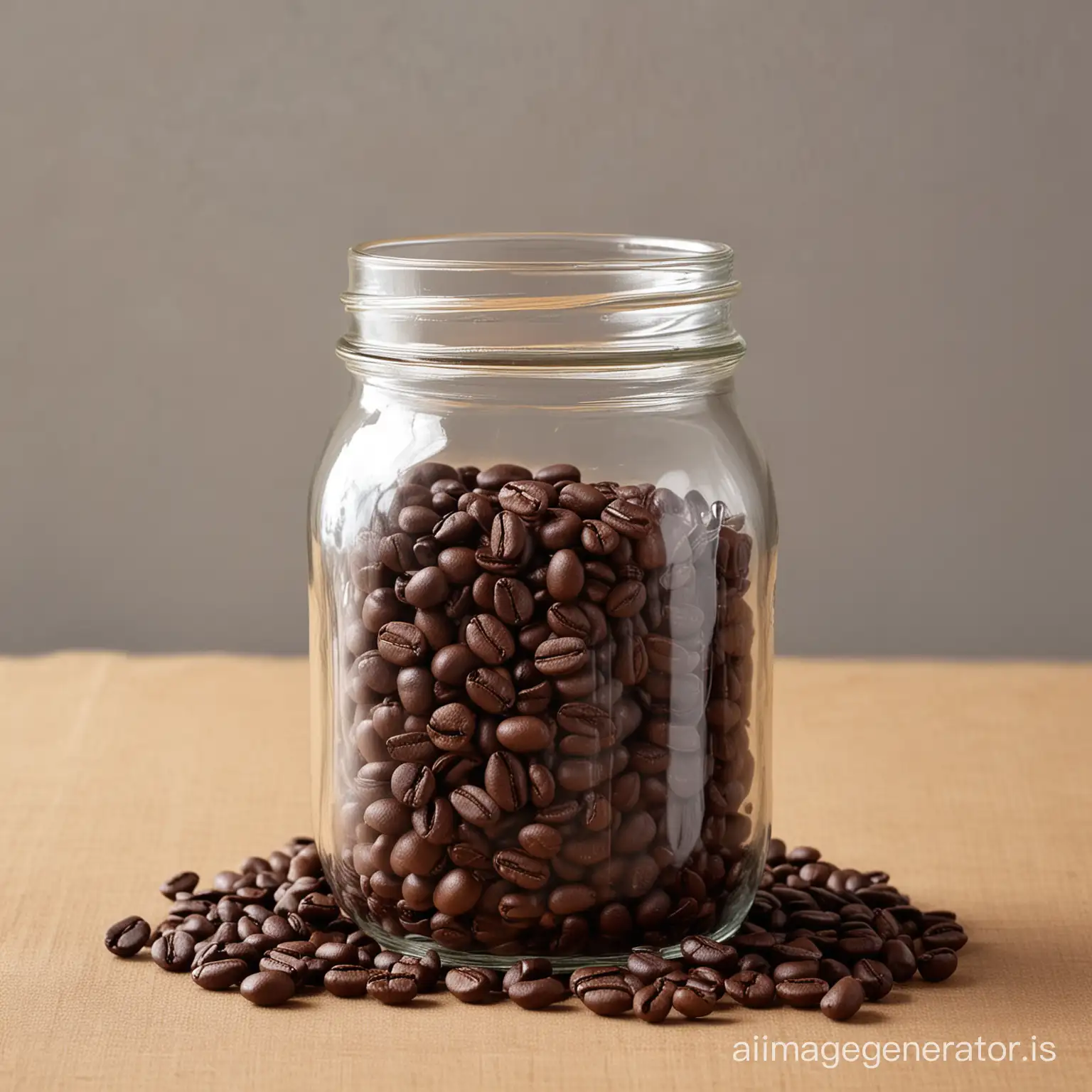 a realistic image of a small plain and clear mason glass jar used as a vase filled with whole coffee beans for a simple rustic looking centerpiece for small wedding tables