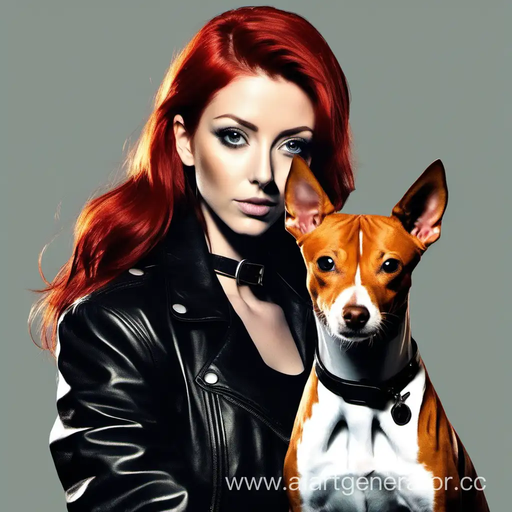 Stylish-RedHaired-Woman-with-Basenji-Dog-in-Leather-Jacket-and-Choker