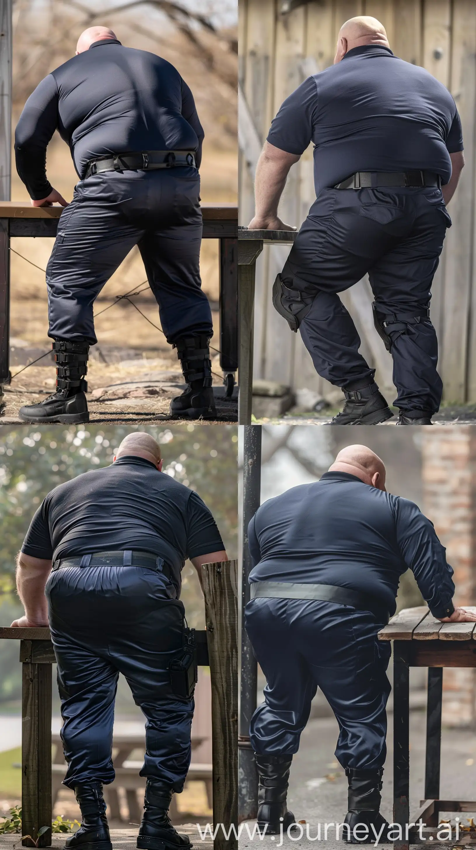 Close-up full body back view photo of a extremely fat man aged 60 standing next to a very high table. The man is wearing silk navy tight stretched battle pants tucked in black tactical boots, tucked in silk navy sport polo shirt and a black tactical belt. The man is standing straight and bending slightly forward on both elbows placed on the table with his legs crossed. Outside. Bald. Clean Shaven. Natural light. --ar 9:16