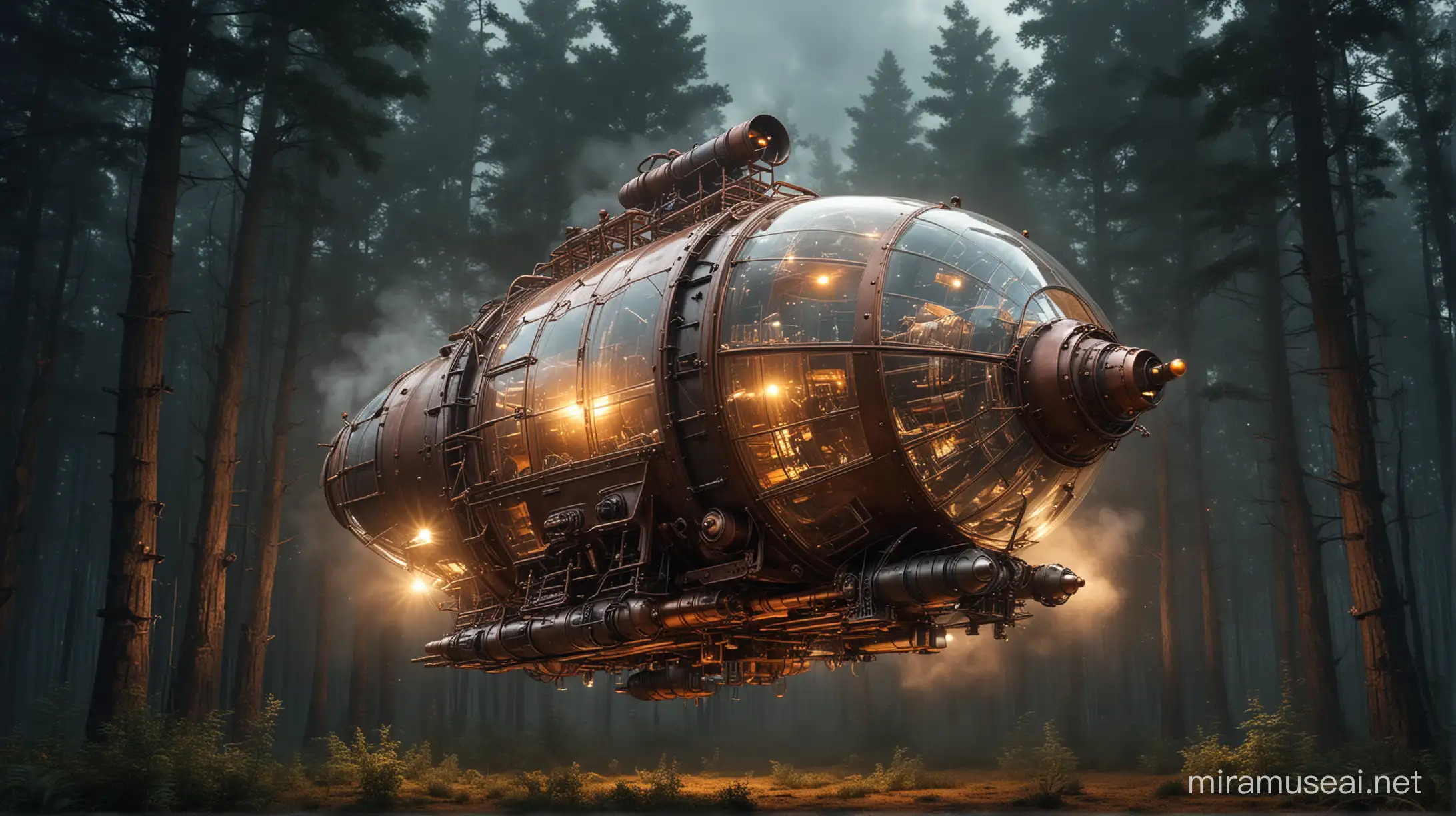very big flying steampunk capsule made of glass and copper, flies over the forest, the capsule has large steam engine and big position lights, night, all lights are on, much steam