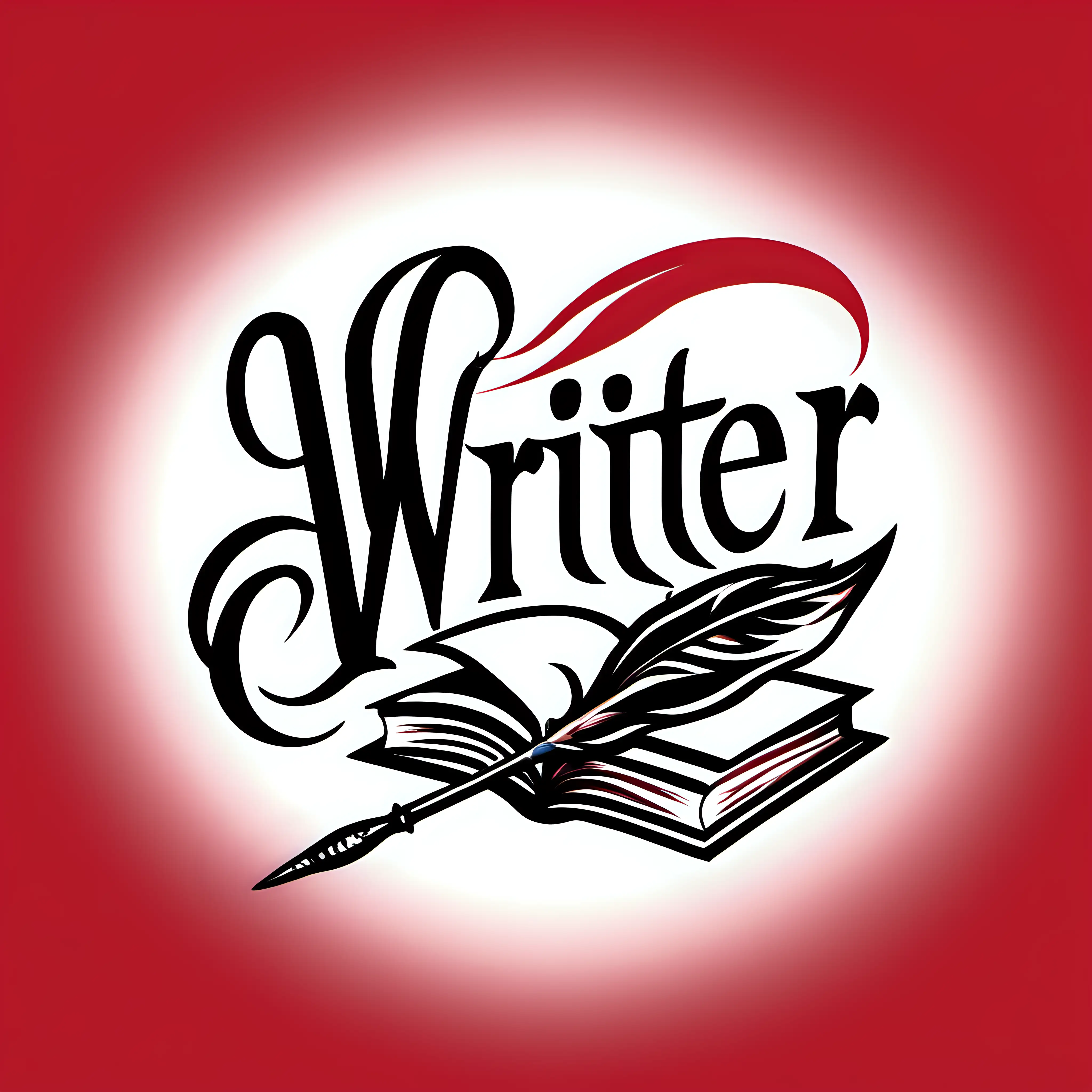 logo for a writer with a feminine aesthetic, book and quill pen, colors in scarlet red and black with white or transparent background
