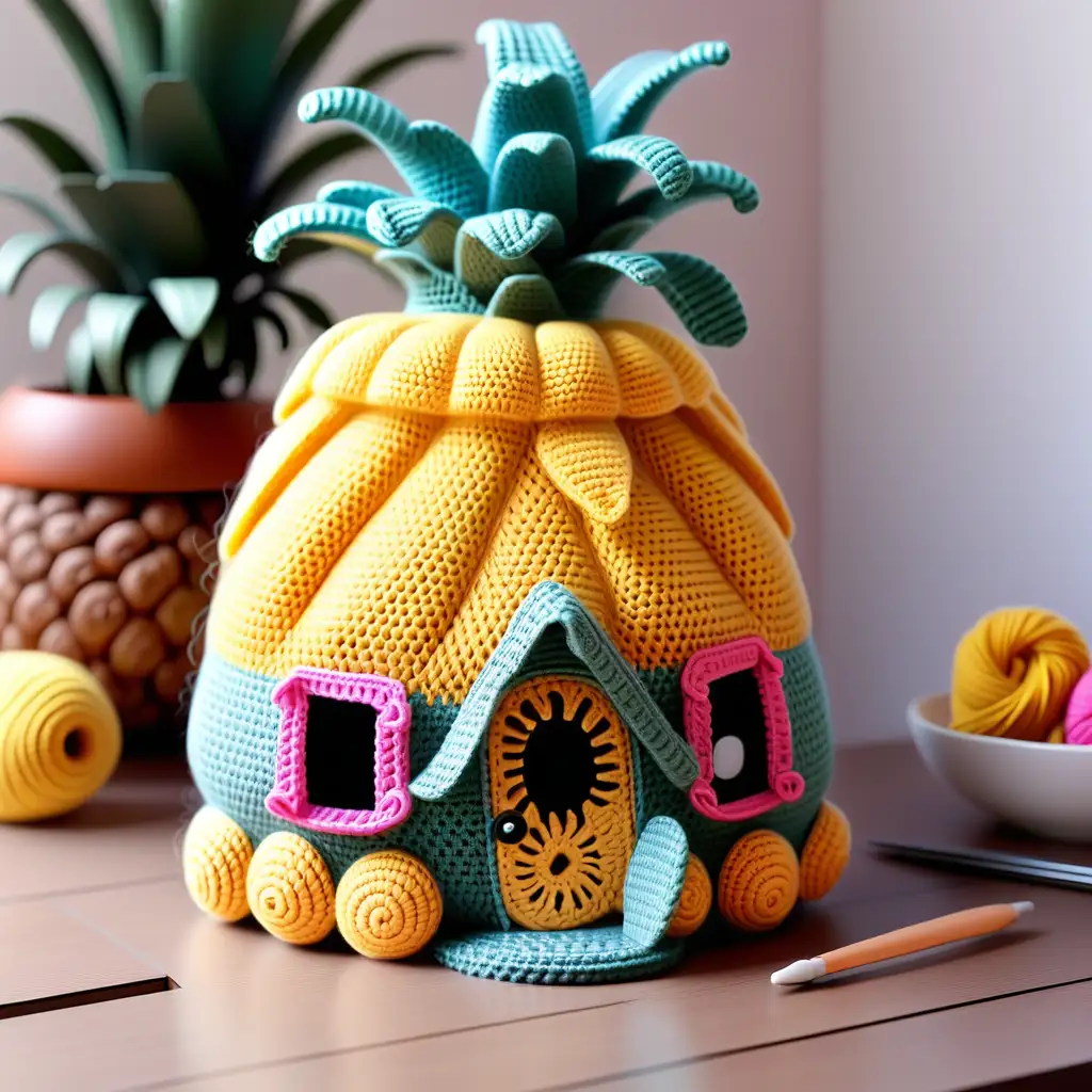 Adorable Crochet Pineapple House Decoration on Table