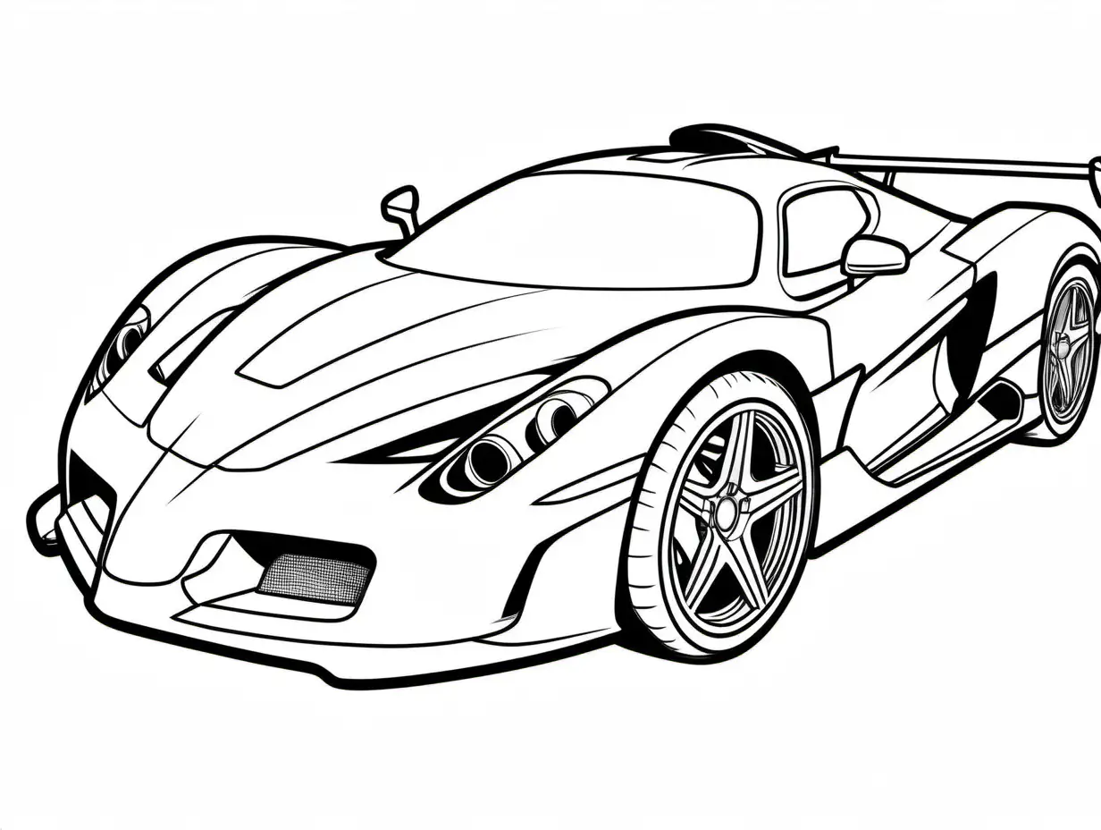 fastest car, Coloring Page, black and white, line art, white background, Simplicity, Ample White Space. The background of the coloring page is plain white to make it easy for young children to color within the lines. The outlines of all the subjects are easy to distinguish, making it simple for kids to color without too much difficulty
