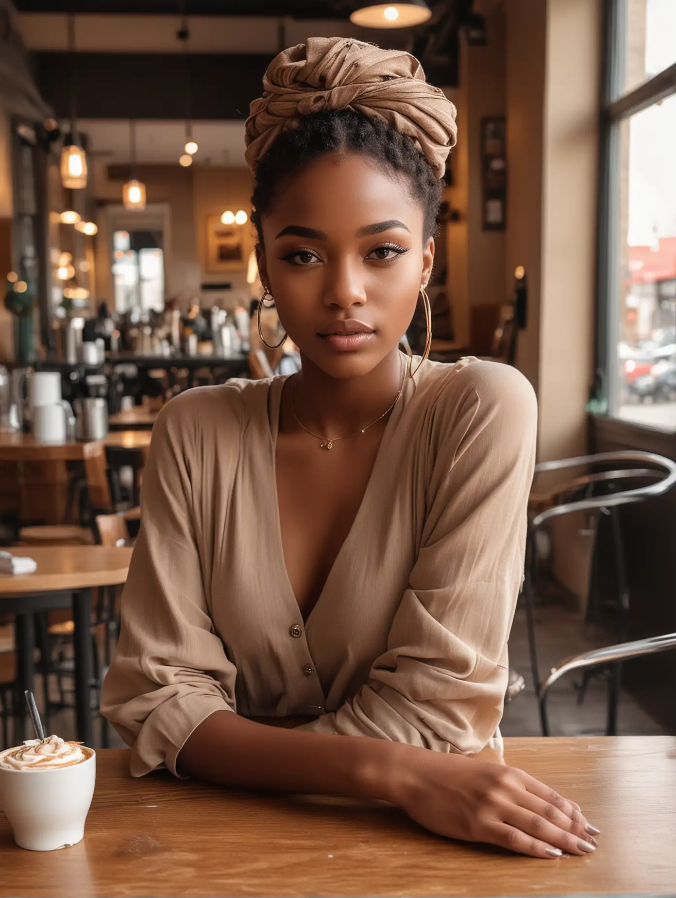 Young AfricanAmerican Woman in Stylish Attire Poses Gracefully in Caf Setting