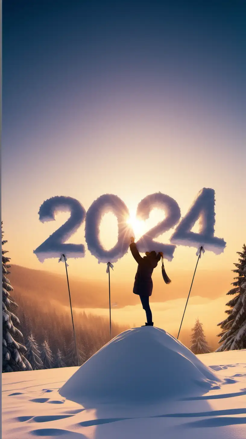 Create new year wishes for 2024, lots of snow, sunrise, happy people and all in romantic style