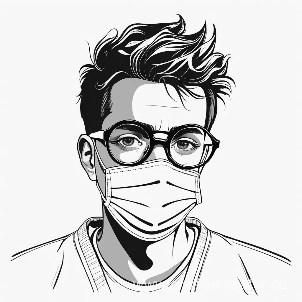 парень в медицинской маске и 
круглых очках, вектор, чёрный рисунок на белом фоне