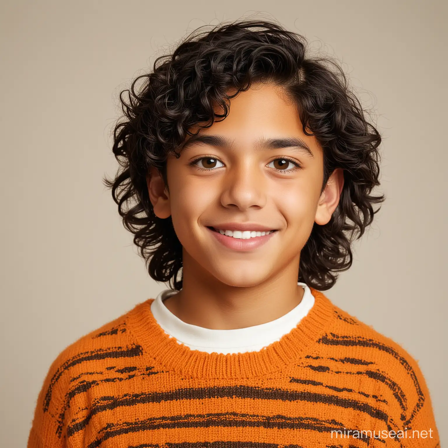 a Hawaiian 13 year old boy with wavy black hair and brown eyes who wears an orange sweater with a white background