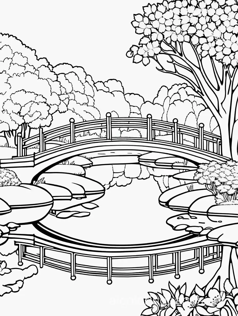 A cherry blossom park with a bridge over a pond, Coloring Page, black and white, line art, white background, Simplicity, Ample White Space. The background of the coloring page is plain white to make it easy for young children to color within the lines. The outlines of all the subjects are easy to distinguish, making it simple for kids to color without too much difficulty