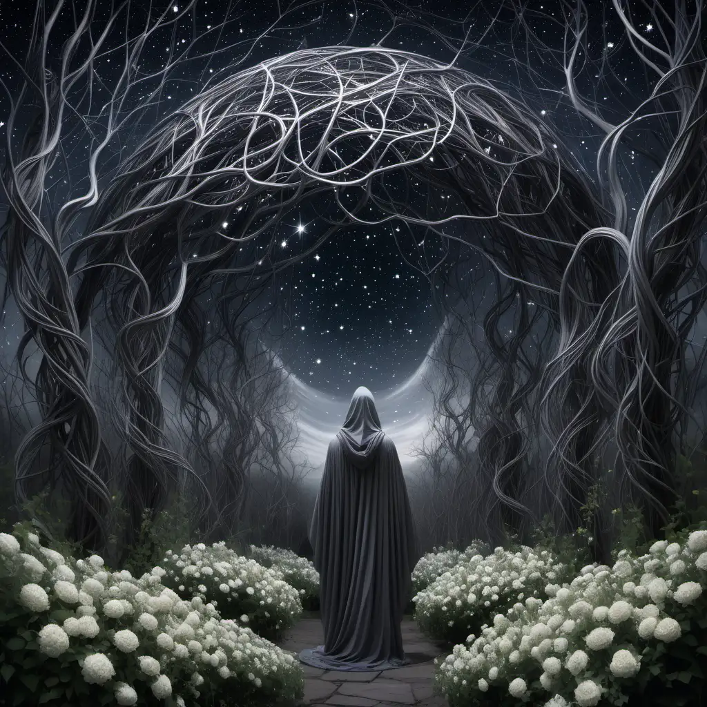 A gray-cloaked figure at a distance under a dark, starry sky, who is surrounded by growing vines, branches, and silvery white flowers that flow into and create a dome overhead