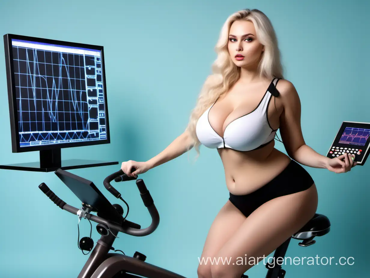hermosa modelo rusa voluptuosa con pechos naturales enormes conectada a un electrocardiograma con un monitor grande subida en una bicicleta estacionaria haciendo una prueba de esfuerzo