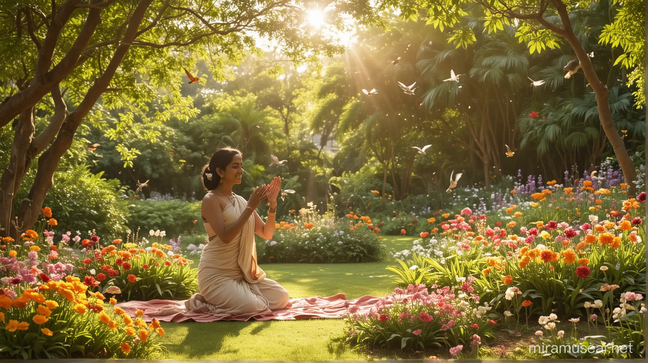 Nadi shodhan Pranayam being performed in a lush, sunlit garden, with colorful flowers in bloom, birds chirping in the background, and a gentle breeze swaying the leaves, evoking a sense of harmony and rejuvenation