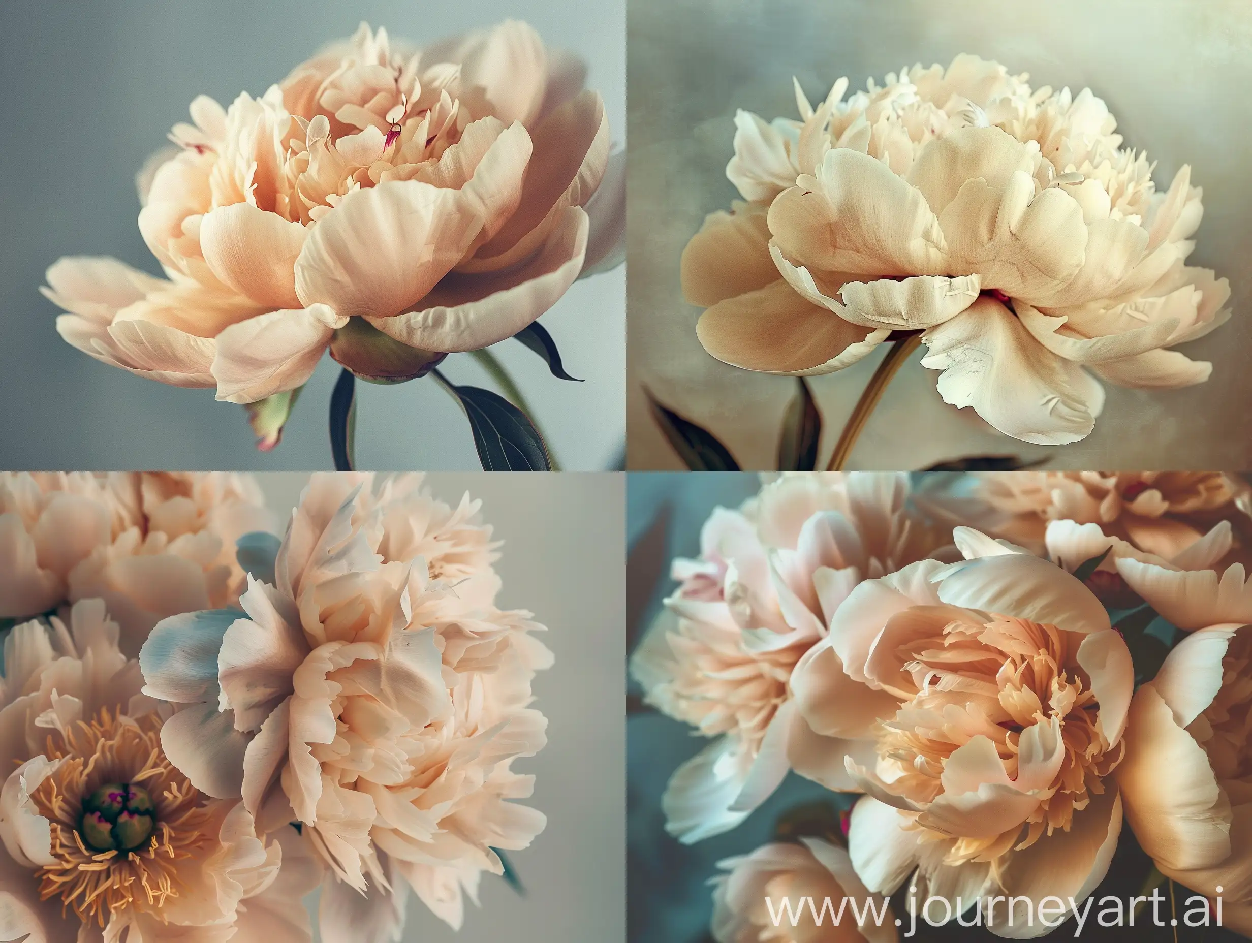 vintage bright moody artistic style, delicate beige pink peony closeup. high quality photography, delicate muted colors from brown and dark blue to soft beige, high key studio photo, best quality, 4k, beautiful lighting