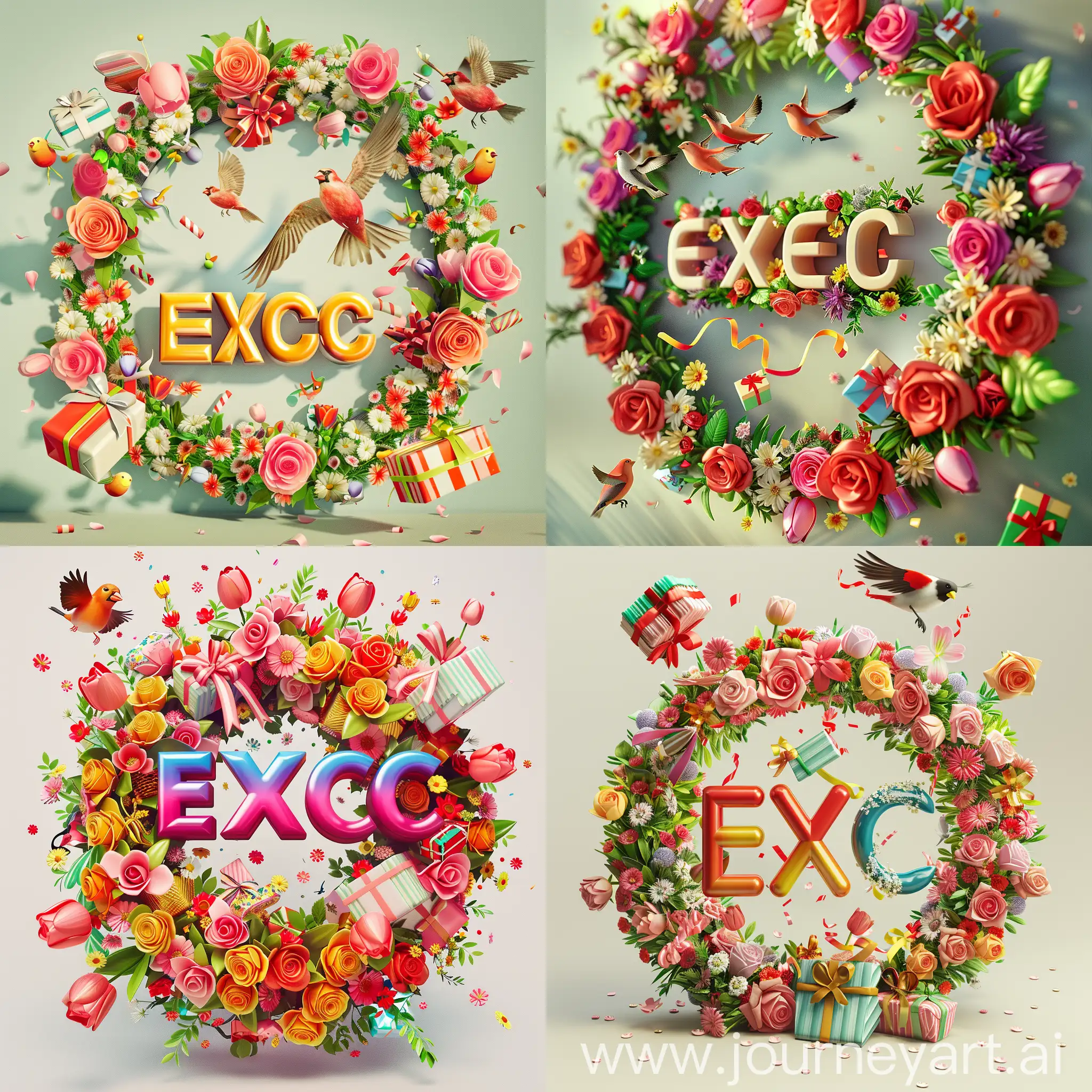 An eye-catching 3D render of the word "EXEC" in a cartoon style. The lettering is arranged in a circular pattern, with lush flowers such as roses, tulips, and daisies surrounding it on all sides. As if in celebration, 3D gifts are falling from above, each one beautifully wrapped with ribbons and bows. In the background, playful bullfinches are flying among the flowers, adding a touch of vibrancy and movement to the scene. The overall effect is a bright, cheerful, and dynamic poster that showcases the art of typography and 3D design., typography, poster, photo, product, 3d render