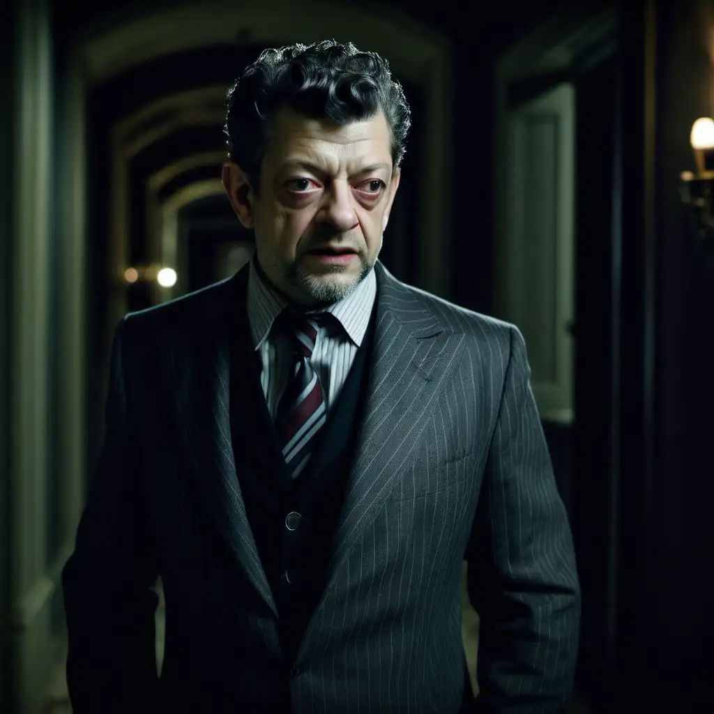 Sinister 1940s Noir Scene Andy Serkis in Grey Jacket and Dark Striped Tie