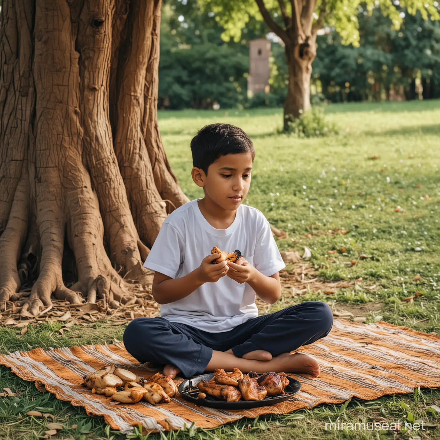 young muslim boy Sitting and eating grilled chicken on a mat under a big tree.
