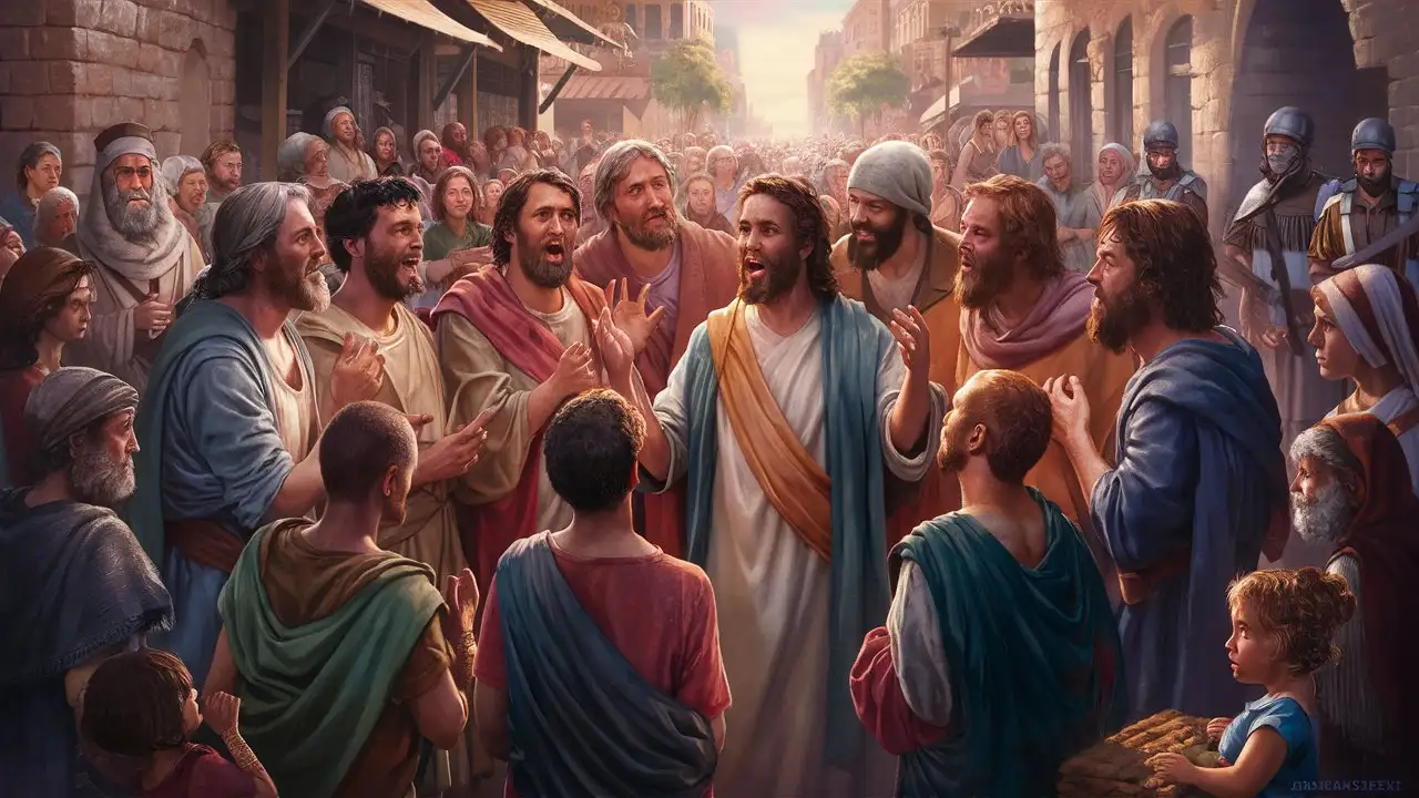 Generate an image showing the disciples preaching in the streets of Jerusalem, with crowds of people gathered around them listening intently to the message of Jesus Christ. In the background, depict religious authorities and Roman soldiers observing with suspicion, symbolizing the opposition and persecution faced by the early believers.8k hd super ultra
