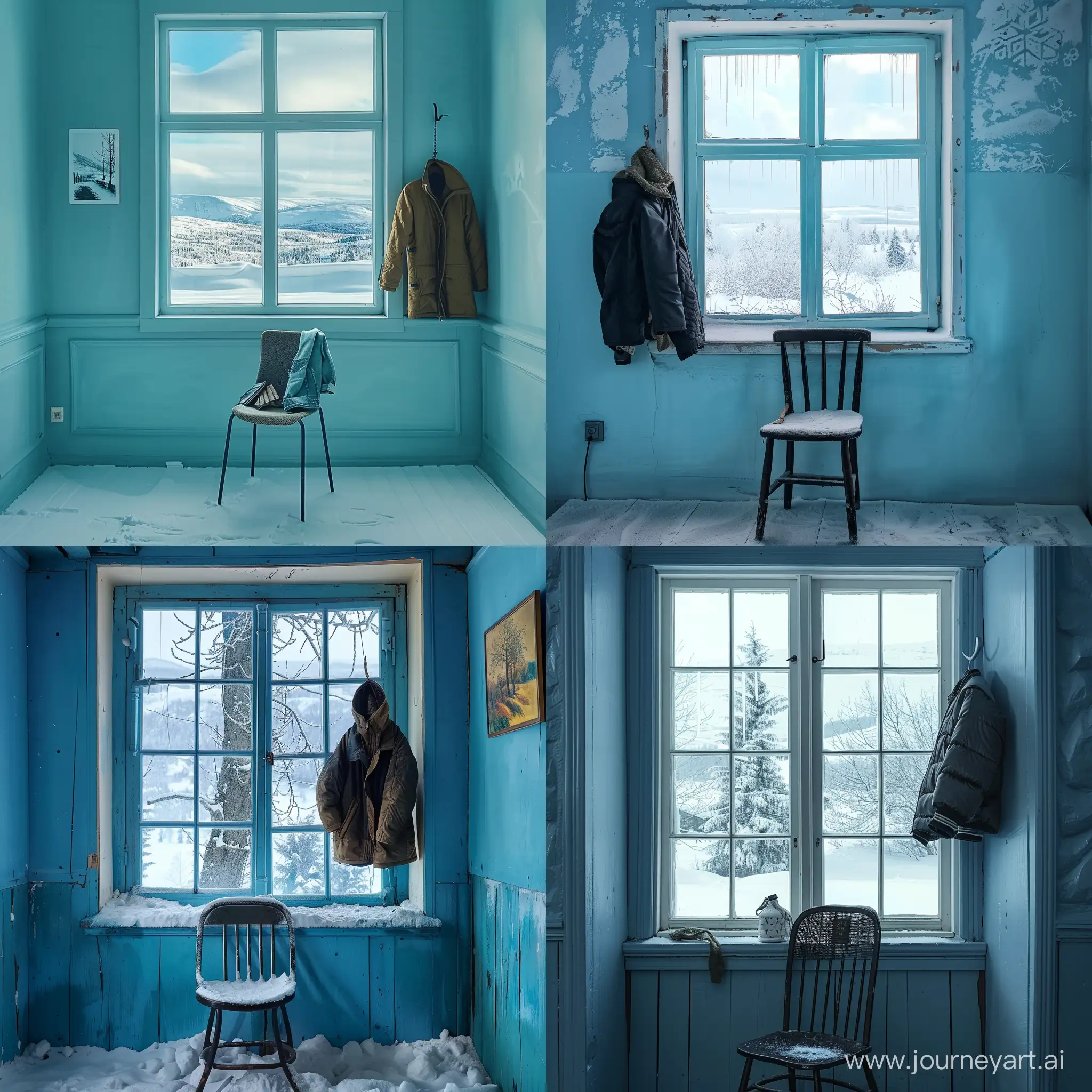 lofi blue room with a window with snowy landscape in front of which there is a chair on which a jacket hangs
