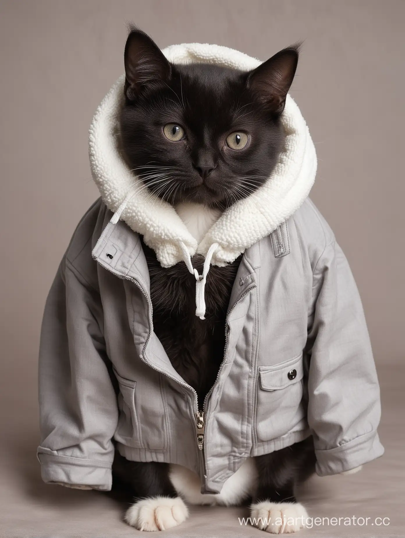 Chubby-Black-Kitten-in-a-Sad-Moment-Wearing-a-White-Jacket