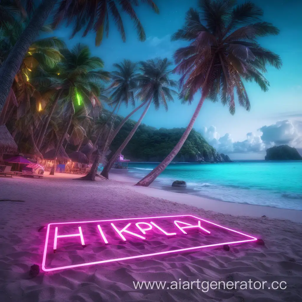 Tropical-Island-Beach-with-Neon-Signs-and-HikPlay-Sign