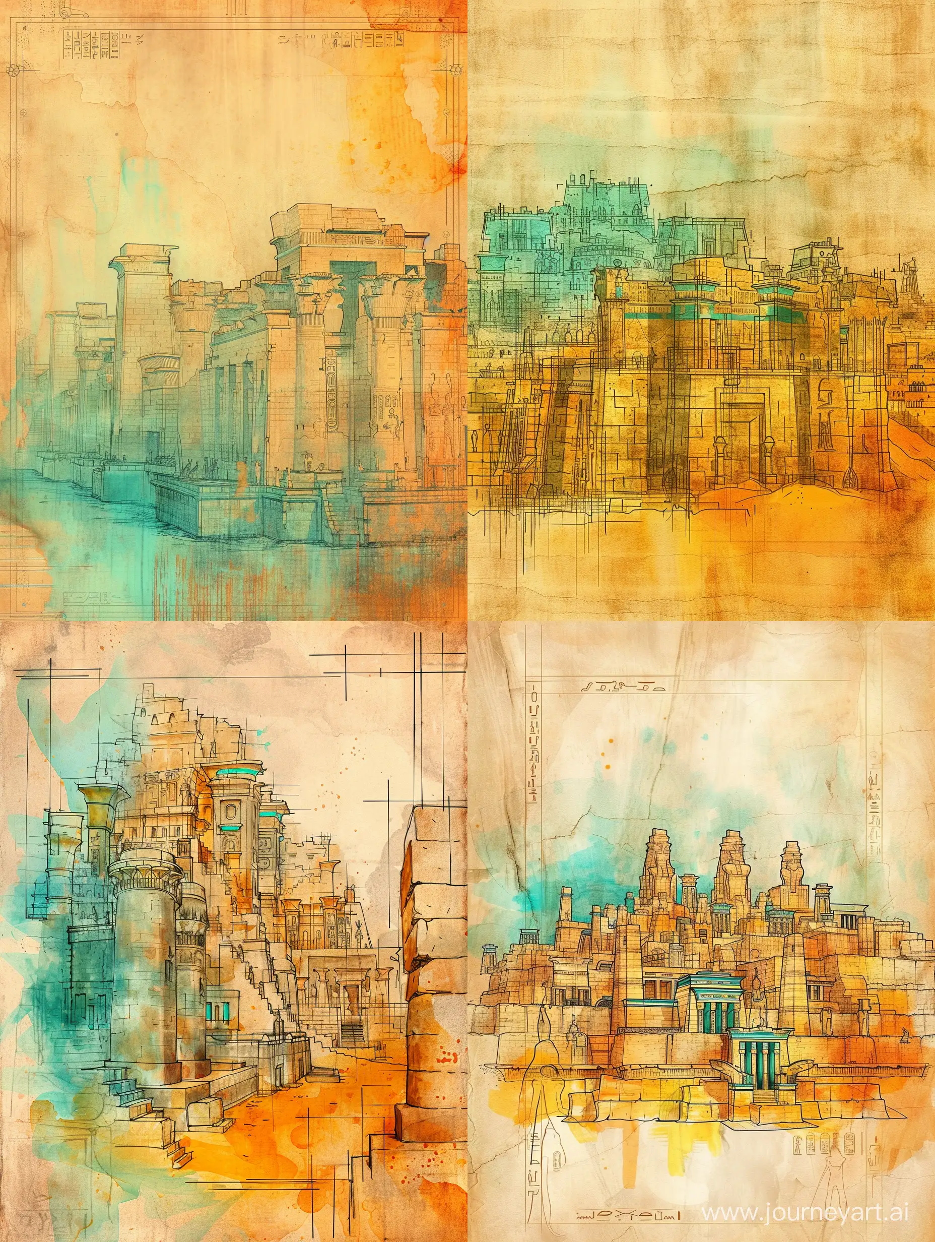 The background is ornamental, old paper, barely noticeable outlines of an ancient Egyptian city, in an ancient style, delicate, transparent colors, linear, many details, colors of ochre, orange, yellow, turquoise, light brown, blue, stylized caricature, watercolor, decorative, flat drawing