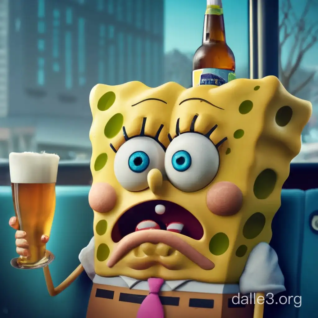 SpongeBob Sad Drinking Scene on Bus 4K Photorealistic Image | Dalle3 AI