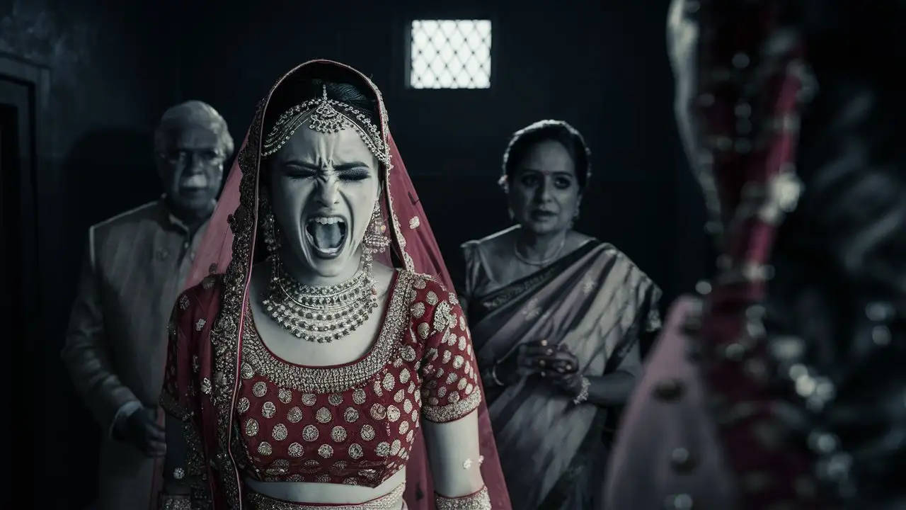 a indian girl is screaming, her parents standing behind, focus on bride expressions only, dark room, hyper detailed