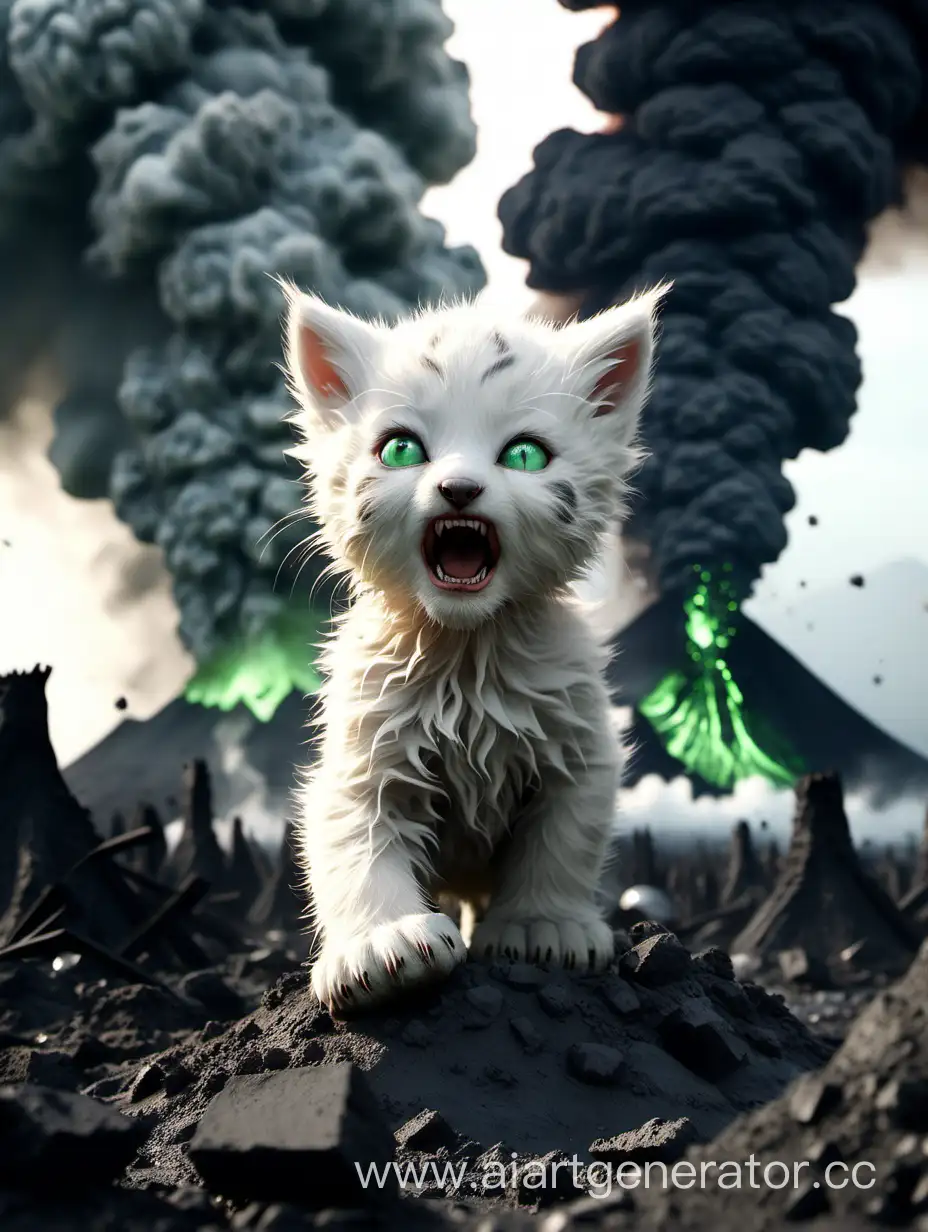 Маленький милый котёнок, в тонущем городе во время извержения зеленого вулкана , рвет зубами белого медведя 4k 