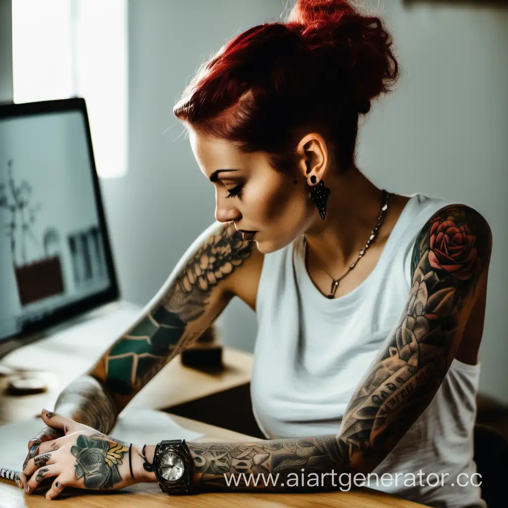 a woman sitting at a desk with a tattoo on her arm, a picture by Radi Nedelchev, featured on pexels, tachisme, background bitch