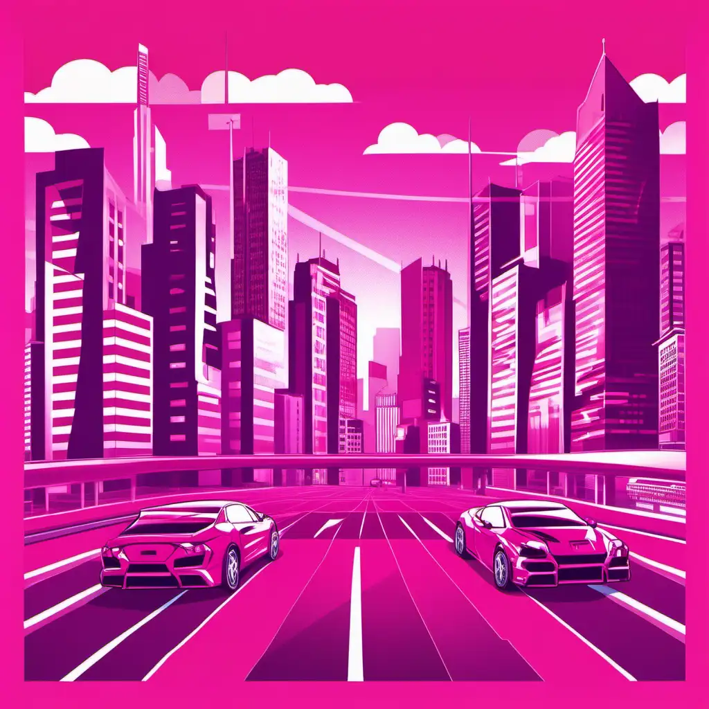 Willian Santiago's illustration for a modern city driving gaming app. With fuchsia background colors