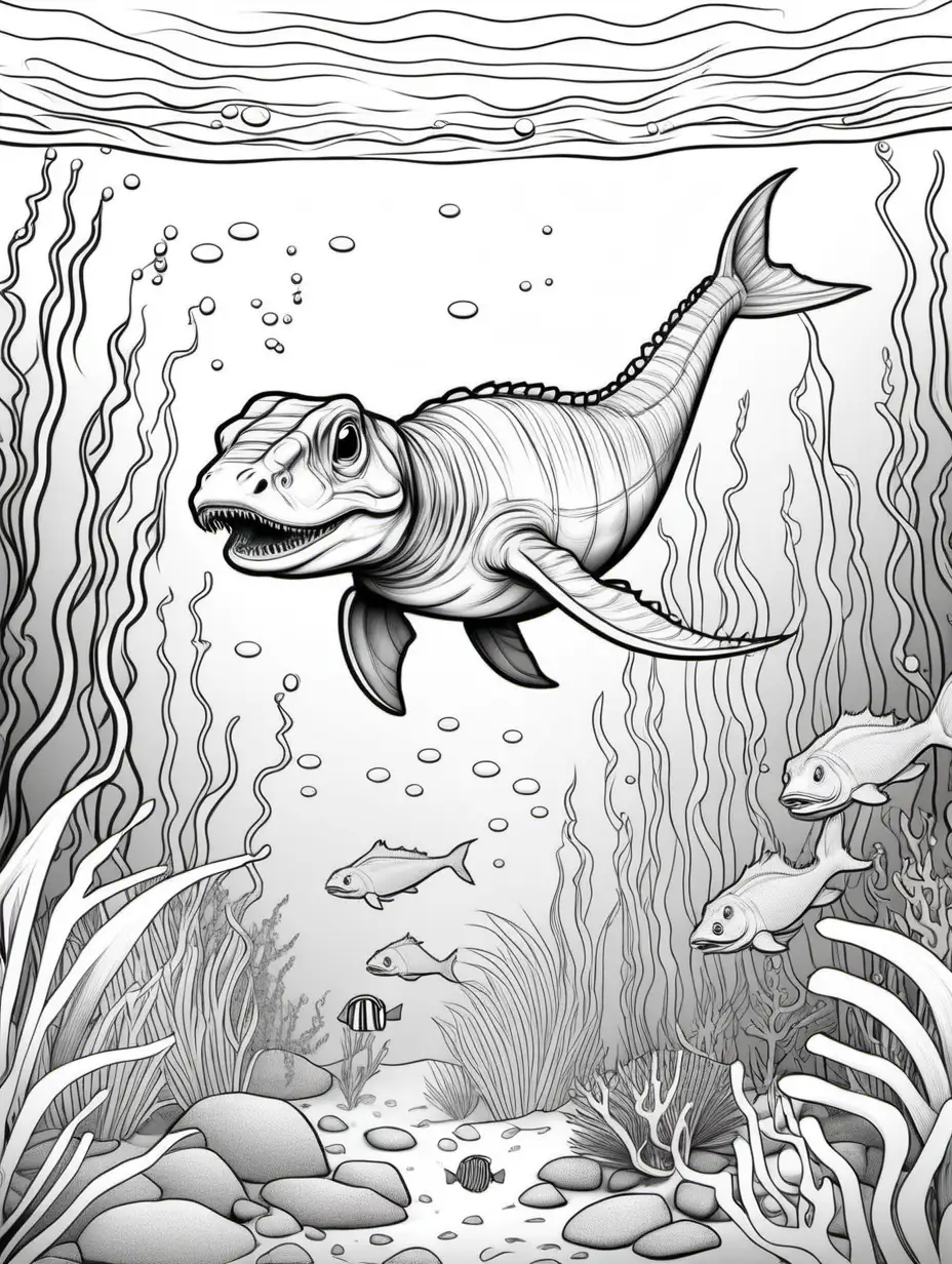 coloring page for kids, Tanystropheus Underwater, cartoon style, thick lines, low detail, no shading -- ar 9:11 --v5