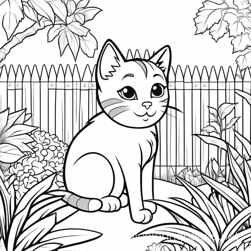 a cute cat in the yard, Coloring Page, black and white, line art, white background, Simplicity, Ample White Space. The background of the coloring page is plain white to make it easy for young children to color within the lines. The outlines of all the subjects are easy to distinguish, making it simple for kids to color without too much difficulty