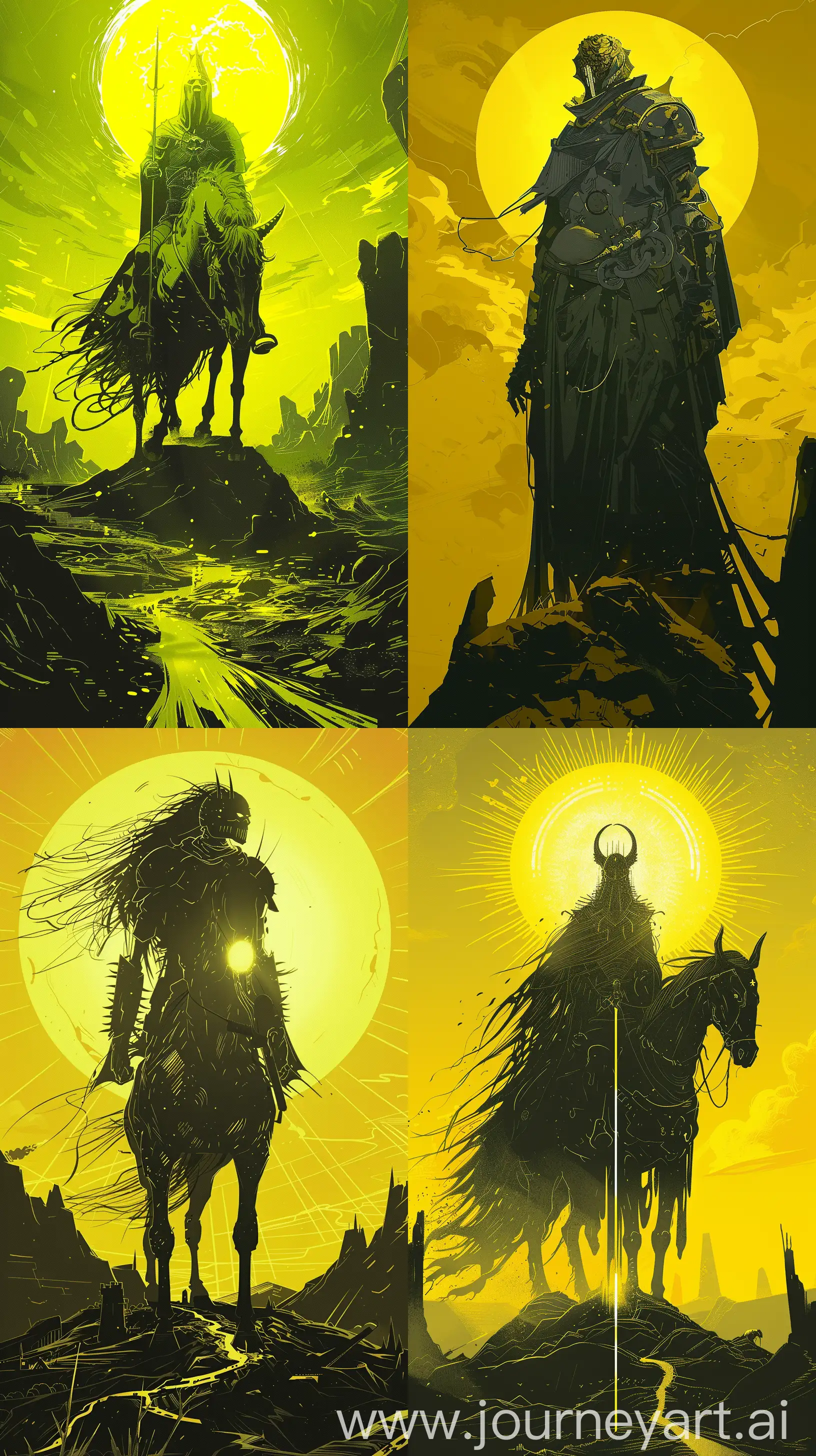 
Depict a reimagined version of one of the Four Horsemen of the Apocalypse, adhering to Mignola's aesthetic. The character should be striking, with solid blacks and a minimalistic approach, set against a landscape that reflects the horseman's domain, whether it be war, famine, pestilence, or death. 8k uhd Maximalist Details, phone wallpaper, yellow bright glowing, --ar 9:16