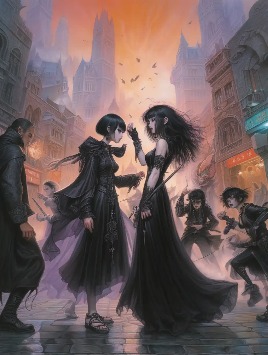  ethereal, art by Lee Man Fong, goth city, friends, fight