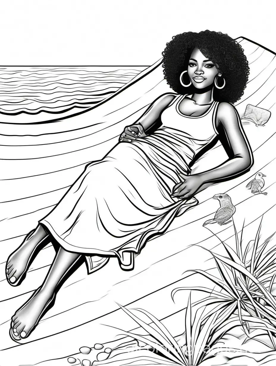 Pretty black woman laying on the beach , Coloring Page, black and white, line art, white background, Simplicity, Ample White Space. The background of the coloring page is plain white to make it easy for young children to color within the lines. The outlines of all the subjects are easy to distinguish, making it simple for kids to color without too much difficulty